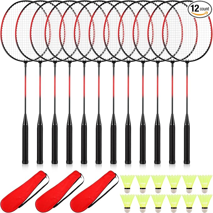 12 Pack Badminton Rackets Set Including Badminton Racquets, Nylon Shuttlecocks and Carry Bag for Outdoor Backyard Games Beginners