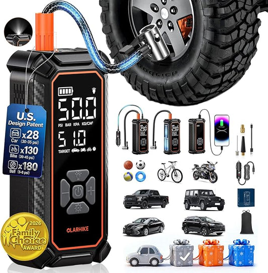 OlarHike Cordless Tire Inflator Portable Air Compressor, Dual Power Mode - 9000 mAh & 12V DC, Air Pump for Car Tires, Motorcycle, Bicycle, Electric Pump with LED Light & Digital Pressure Gauge