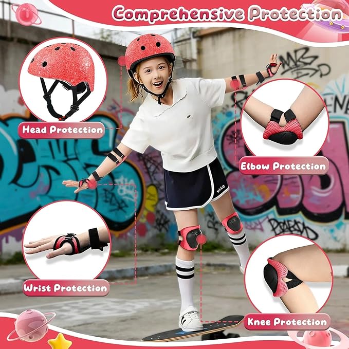 Kids Bike Helmet Set for Boys Girls Toddler Bicycle Helmet Adjustable Skateboard Helmet Protective Gear Set Knee Elbow Wrist Pads for Children Cycling, Scooter, Outdoor Sports