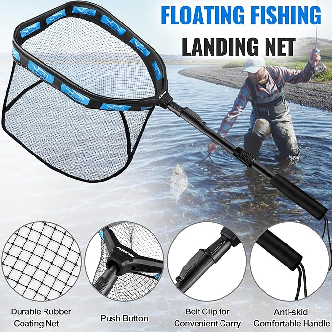 PLUSINNO Floating Fishing Net for Steelhead, Salmon, Fly, Kayak, Catfish, Bass, Trout Fishing, Rubber Coated Foldable Landing Net with Fixed or Telescoping Pole Handle, Fishing Gear and Gifts for Men