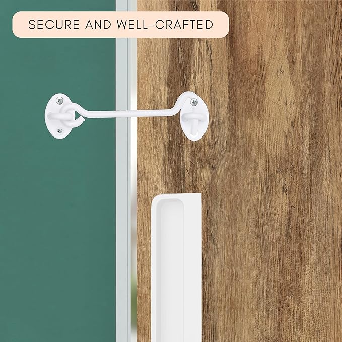 Eco-Fused 5-inch Heavy Duty Hook and Eye Latch - 1x Barn Door Lock (White), 4X Mounting Screws - Powder Coated Stainless Steel Hooks for Door, Windows, Sheds, Fences, Gates, Closets, Cabinets