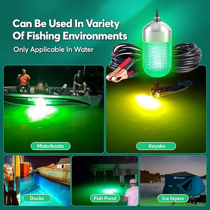 Luckerain Underwater Fishing Light 70W 12V Green Light for Fishing IP68 Waterproof 9000 Lumens High Brightness Fish Attracting Light for Docks, Boats or Kayaks,26ft Power Cord