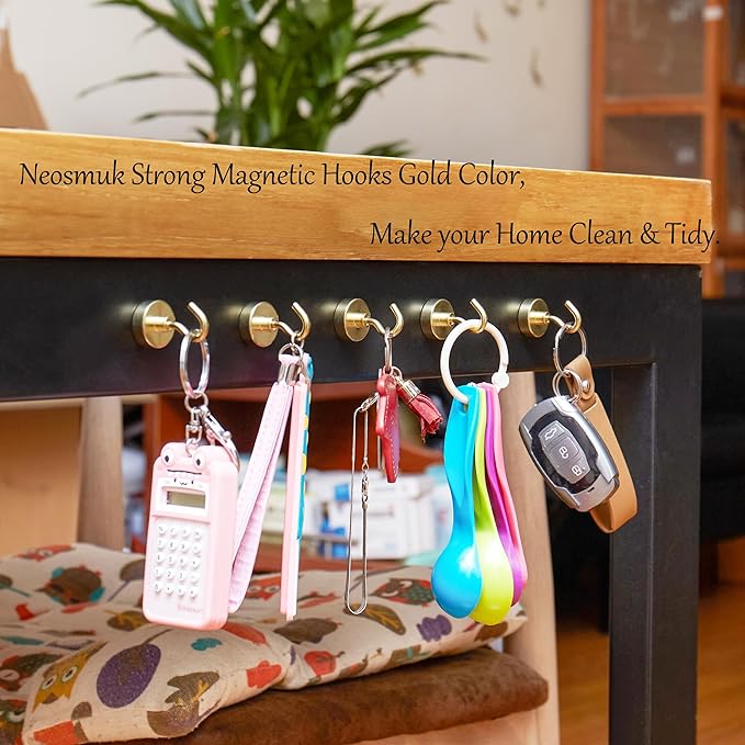 Neosmuk Magnetic Hooks, Heavy Duty 40lb+ Strong Magnet Hook for Cruise Cabins, Cruise Ship Essentials for Hanging, Metal Wall Refrigerator Hangers (Gold, 10 Pack)