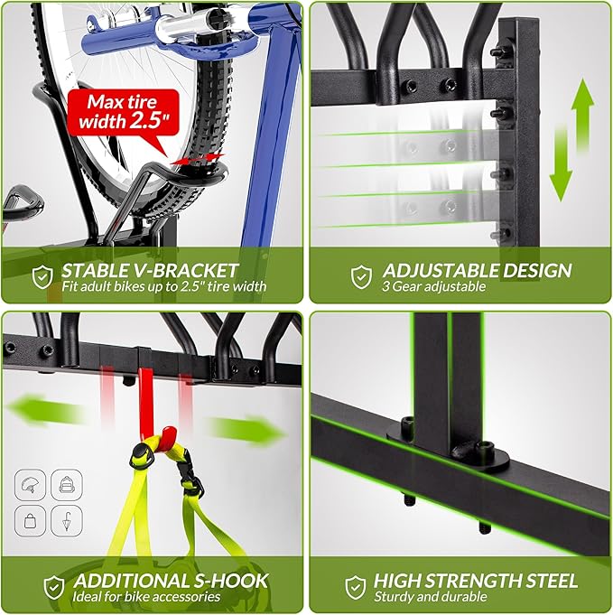Sttoraboks 3 Bikes Floor Stand, Adjustable Bicycle Parking Rack with Hook for Garage, Indoor, Outdoor, Metal Cycle Storage Organizer Rack for Mountain, Road and Kids Bikes, Max Tire Width 2.5”, Black