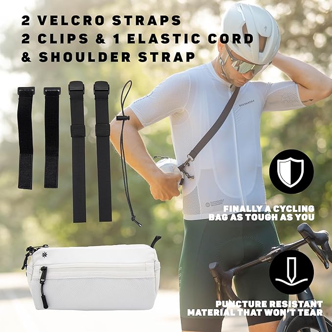 Lumiere & Co. Bike Handlebar Bag - Durable, Multiple Size and Color Options - Dual Elastic Straps, Clips & Hook-and-Loop for Customizable Fit (White, Large)