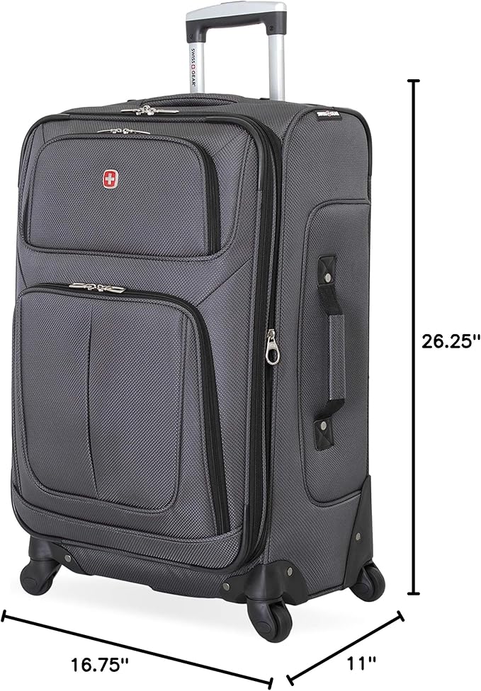SwissGear Sion Softside Expandable Luggage – Medium Checked Suitcase with 360 Degree Wheels & Retractable Handle – 25 Inch, Perfect for 1-7 Night Trips – Dark Gray