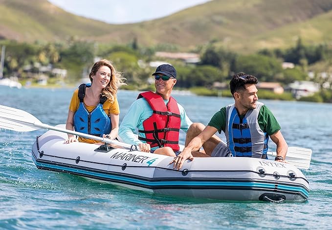 INTEX 68373EP Mariner 3 Inflatable Boat Set: Includes Deluxe 54in Boat Oars and High-Output Pump – Wear-Resistant Keel – Removable Fishing Rod Holders – 3-Person – 880lb Weight Capacity
