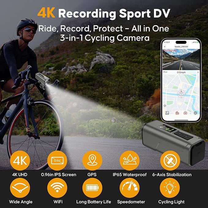 Action Camera 4K 30fps with GPS Tracker, Wireless Bike Camera, Cycling Speedometer/Odometer, Free 64G Card, Anti-Shake Sport DV, IP65 Waterproof, Bicycle Light, Cycling Computer with APP Support, Grey