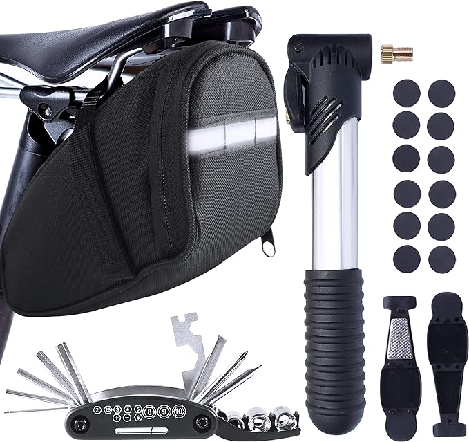 Bike Repair Kit, Saddle Bag with Tire Tool, Mini Pump, Multitool Bicycle Accessories Set for Adult Bikes Road Mountain MTB