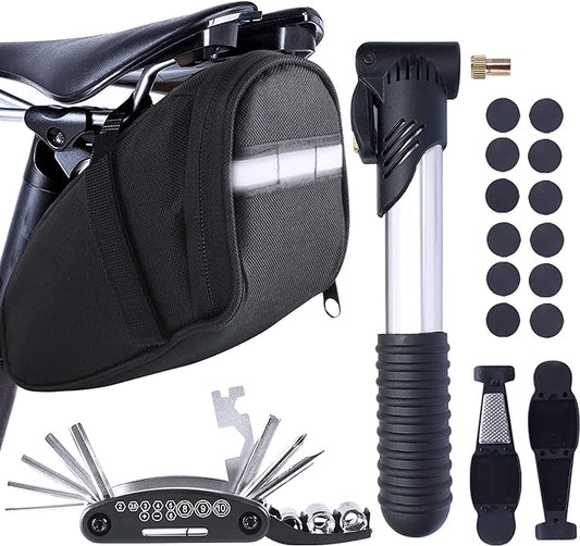 Bike Repair Kit, Saddle Bag with Tire Tool, Mini Pump, Multitool Bicycle Accessories Set for Adult Bikes Road Mountain MTB