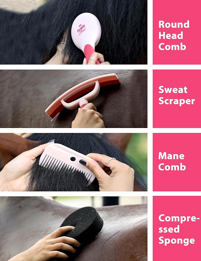 Horse Grooming Kit, 9 Piece Grooming Brush Set with Silicone Curry Comb for Bathing & Shedding Pink Garnet