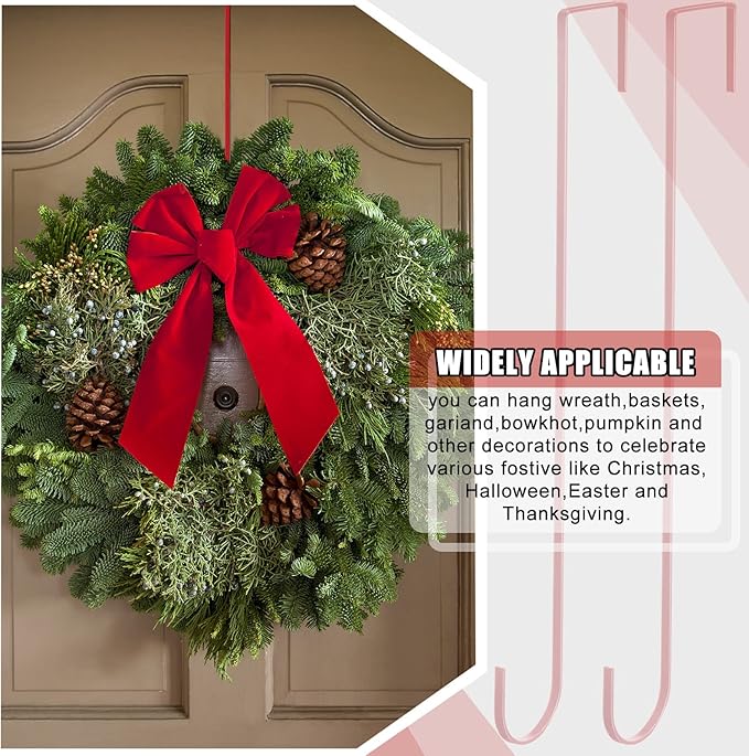 Hotop 15 Inch Wreath Hangers for Front Door Wreath Doors Hangers Steel Material Clothes Towel Hooks Holder Over The Door Hanger Hooks 2 Pcs for Christmas Halloween Front Decorations(Red)