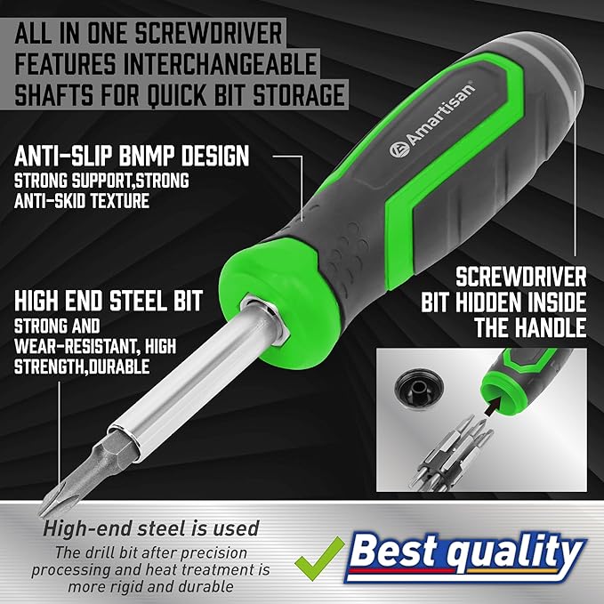 Amartisan 18-in-1 Multi-bit Screwdriver Set Tool All in One, Portable Multi-Purpose Screwdriver, Slotted/Philips/Pozi/Torx/Square,Nut Driver (Green)