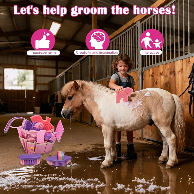 Horse Grooming Kit, Horse Brushes for Grooming Supplies Set with Organizer Bag, Horses Tack Brush Set for Effective Grooming and Cleaning, Gift for Horse Riders Beginners, Pink