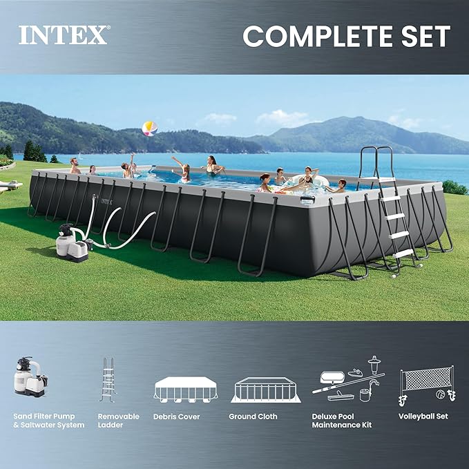 INTEX ウルトラXTR 32ft x 16ft 52インチ 地上設置型プールセット 長方形スイミングプール 砂ポンプ、塩水システム、メンテナンスキット、バレーボールゲーム付き