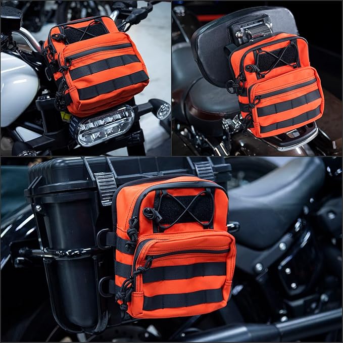 Motorcycle Universal Club Style Utility Molle Traveller Bar Handlebar T-Bar Bag Handle Bags, Fit For Harley Dyna Street Bob FXBB Softail Sportster, Tool Pouch Trunk Storage Bag, Ba-ja Orange