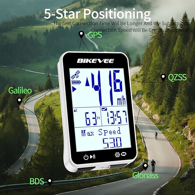 GPS Bike Computer Wireless Bicycle Speedometer Odometer 9 Languages Auto Backlight Auto Start Stop IPX7 Waterproof 2.4 Inch LCD Supports MPH KMH