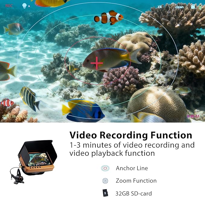 IP68防水水中釣りカメラ（モニター付き） | ナイトビジョン・深度計付きオールインワンポータブル魚群探知機 | 氷上、湖、海、カヤック、ボート用
