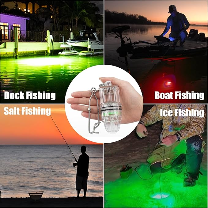 OROOTL LED Fishing Lights Underwater Battery Powered Deep Drop Fishing Light with Clip Waterproof Fish Attracting Lure Lamp Green Blue Red White Multicolor 2,100ft