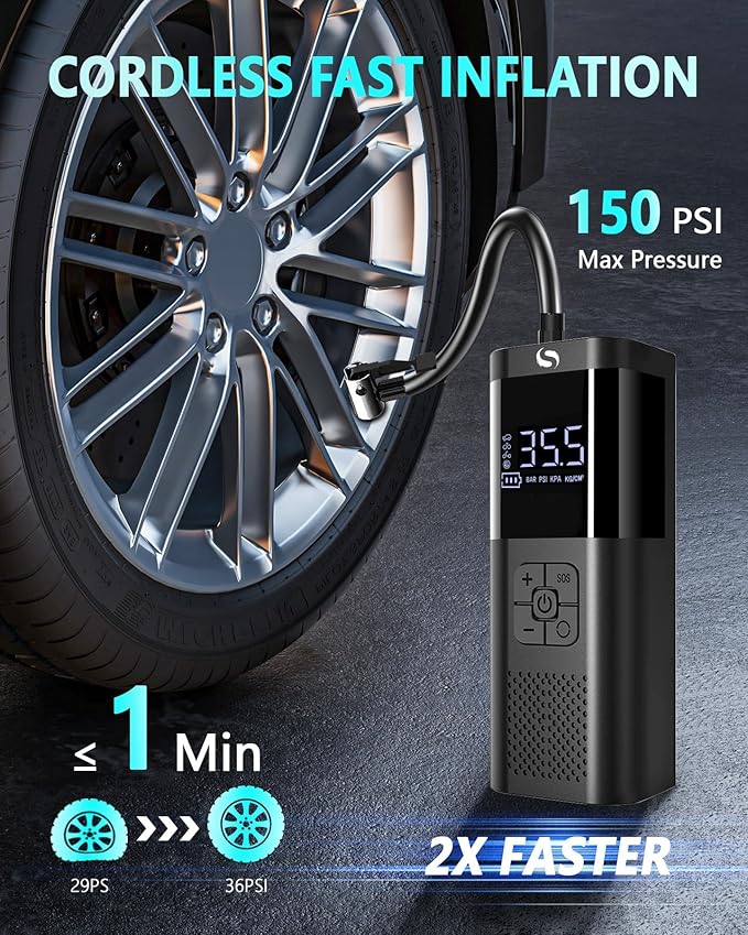 Tire Inflator Portable Tire Compressor, Cordless Tire Inflator with LED Light for Car Motorcycle Bicycle Ball, Car Accessories Essential for Men, 150PSI Air Tire Pump with Gauge