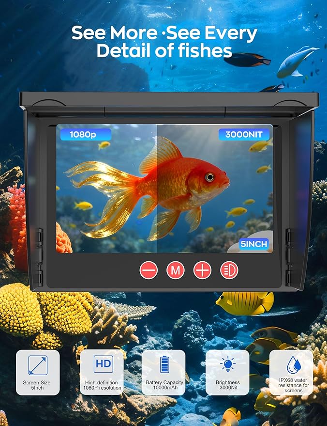 Underwater Fishing Camera,1080P Portable Fish Finder with 5" Waterproof IPS Screen,220° Ultra-Wide Ice Fishing Camera with 12 IR LED Night Vision,10000mAh Battery&100FT Cable for Boat, Lake & Kayak