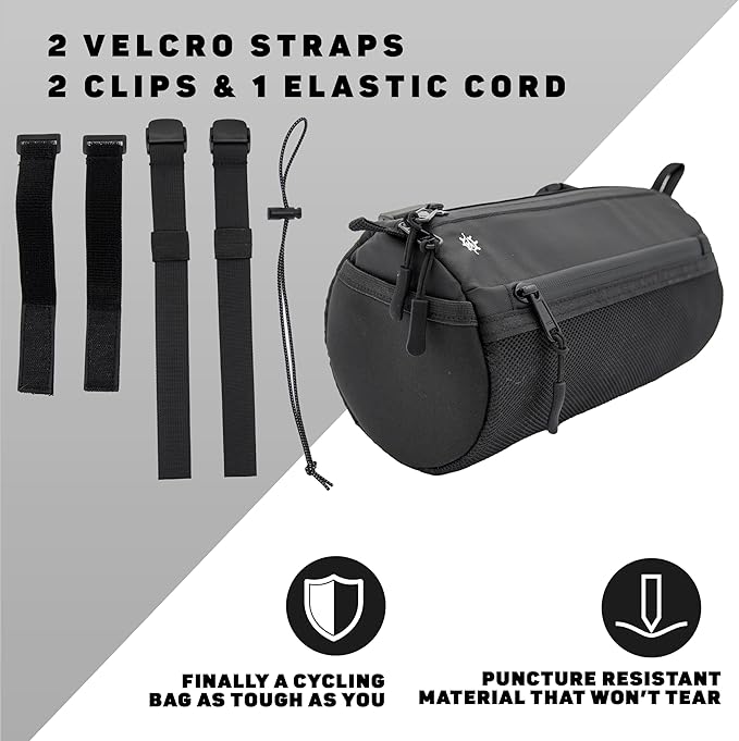 Lumiere & Co. Bike Handlebar Bag - Durable, Multiple-Size Options and Multi-Color Options -Dual Elastic Straps, Clips & Hook & Loop Attachments (Black, Large)