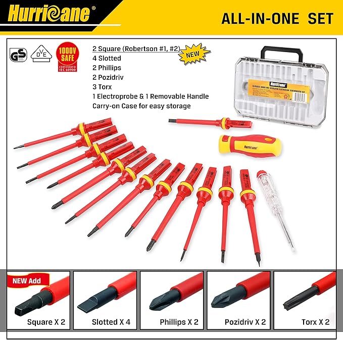 HURRICANE 1000V 絶縁ドライバーセット、15ピース プロフェッショナル絶縁電気技師ドライバーセット、CR-V マグネットチップ、四角（ロバートソン）プラスマイナス ポジ トルクス 絶縁電気技師ツールキット