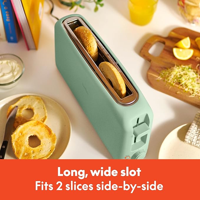 bella 2スライス スリムトースター、どんな場所にもフィットする™キッチンウェア、6段階焼き色調節、再加熱＆キャンセルボタン、サワードウ対応、10インチロングスロット、パン詰まり防止＆自動電源オフ、900W、シーグラス