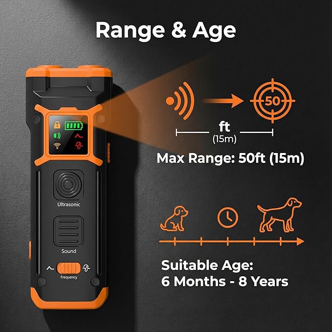 Dog Bark Deterrent Devices with LED Display, Ultrasonic & Beep Modes, 10s HearingSafe AutoOff, 25–30kHz Training & DriveAway, LED Light, Safe No Barking Device for Dogs, Stop Dog Barking Device