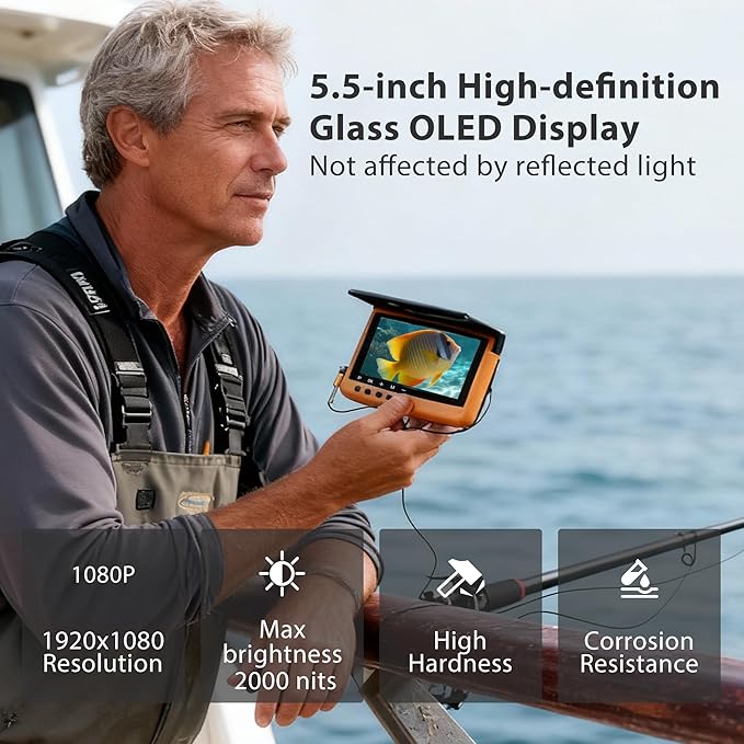 IP68防水水中釣りカメラ（モニター付き） | ナイトビジョン・深度計付きオールインワンポータブル魚群探知機 | 氷上、湖、海、カヤック、ボート用