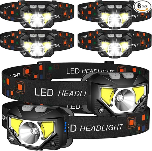 LHKNL ヘッドランプ フラッシュライト 6個パック ルーメン 超高輝度LED充電式ヘッドライト 白赤ライト 防水モーションセンサーヘッドランプ 8モード 屋外キャンプ ランニング サイクリング 釣り用