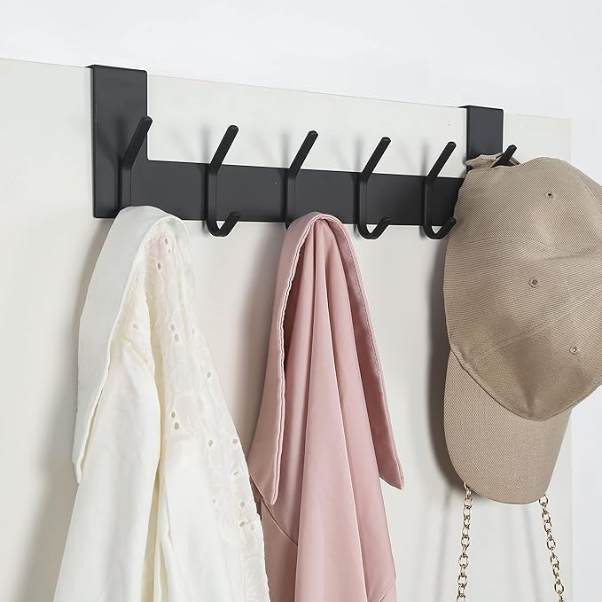 SKOLOO Over The Door Hook - for Doors up to 1-3/4'' Thickness, Black, No Assembly Required, Stainless Steel, Door Coat Rack for Entryway & Bathroom Hanging Coats, Backpack, Robes, Towels, Pack of 2