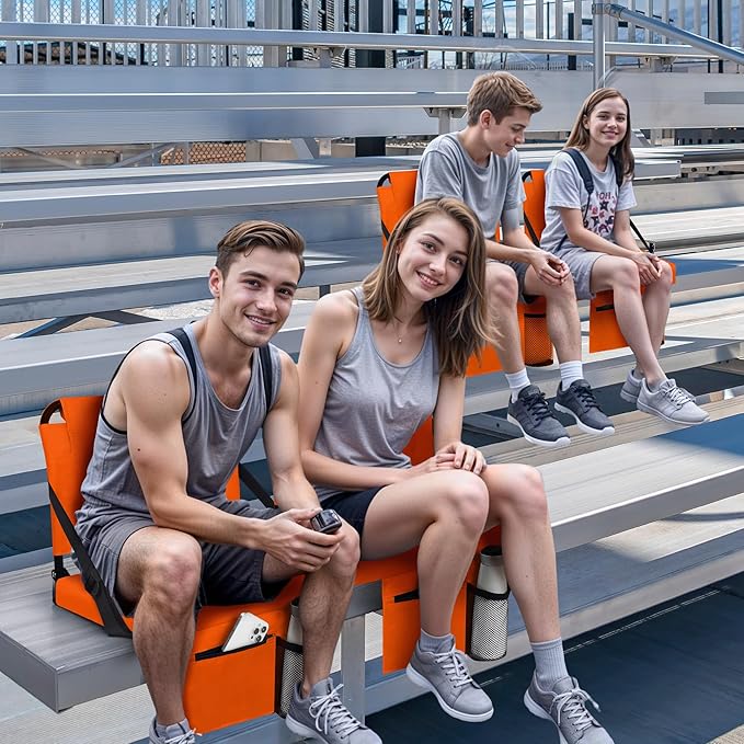 Stadium Seats for Bleachers with Back Support Bleacher Seat Soft Cushion Light Weight Includes Shoulder Strap & Cup Holder, Front & Back Zipper Pocket, Suitable for Sports Events,Orange
