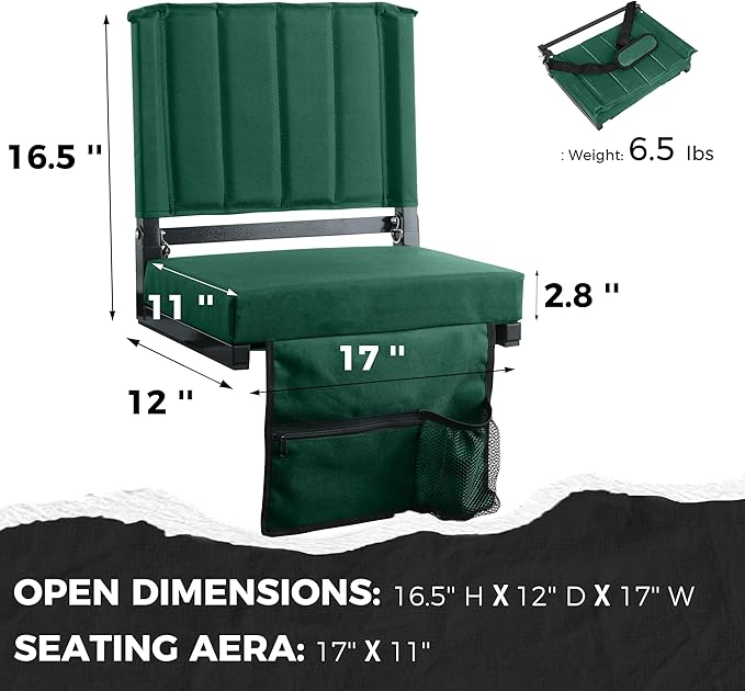 SPORT BEATS Stadium Seats with Back Support Bleacher Chairs with Back and Cushion Thick Padded Bleacher Seats Includes Shoulder Strap Huntergreen 1pc Standard