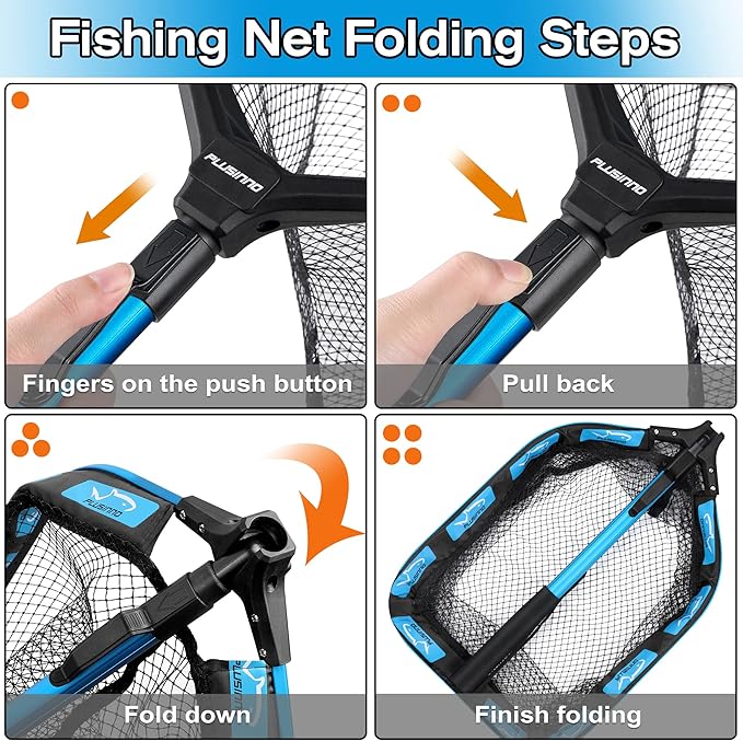 PLUSINNO Floating Fishing Net for Steelhead, Salmon, Fly, Kayak, Catfish, Bass, Trout Fishing, Rubber Coated Foldable Landing Net with Fixed or Telescoping Pole Handle, Fishing Gear and Gifts for Men
