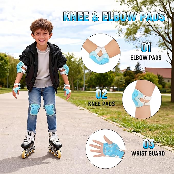 Kids Protective Gear Set for Toddlers Ages 3-6, Knee Pads Elbow Pads Wrist Guards for Beginner Scooter Bike Roller Skating, Adjustable Lightweight Safety Gear for Boys Girls