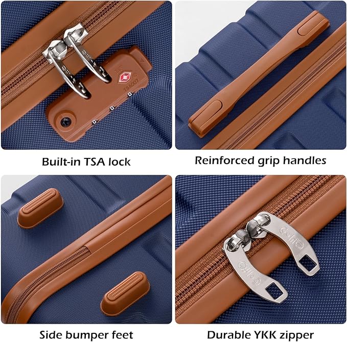 Coolife Luggage 3 Piece Set Suitcase Spinner Hardshell Lightweight TSA Lock (apricot navy,20/24/28)