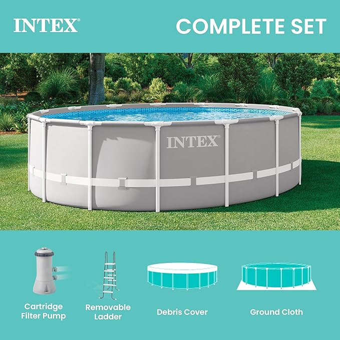 INTEX 26725EH プリズムフレームプレミアム地上設置型プールセット：15フィート x 48インチ – 1000 GPH カートリッジフィルターポンプ – 取り外し可能なはしご – プールカバー – グランドクロス