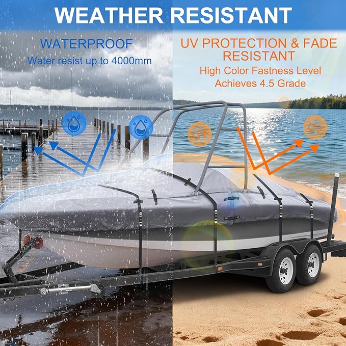 900D Ski & Wakeboard Tower Boat Cover 22-24ft, Waterproof Heavy-Duty Winter Boat Wrap with Reinforced Straps & Vents, Trailerable Wake Tower Jet Ski Covers for All Seasons Protection, Gray