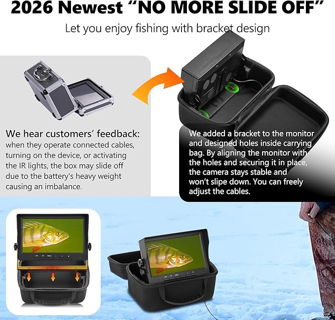 [FishPRO® 2026 Upgrade] Underwater Fishing Camera - [No Slide Off] 7'' Ice Fishing Camera Underwater 1200TVL w/Bracket,12pcs IR + 12pcs LED, 4,500mAh, Portable Fish Finder Ice Fish Gifts for Men, 65ft
