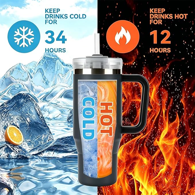 TYESO Vacuum Insulated Tumbler Water Bottle Cold Insulation Stainless Steel Bottle Straw Handle Mug Double Wall Wide Mouth (GRAY, 40 oz)