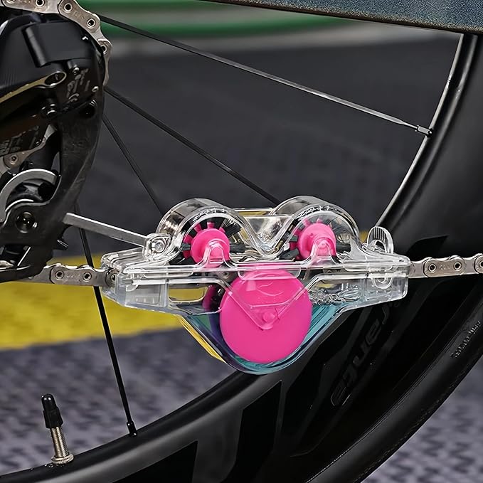 Upgraded Polycarbonate Bike Chain Cleaner Tool – Leak-Proof Chain Scrubber with 360° Automatic Brushes, No Chain Removal Drivetrain Maintenance Kit for MTB, Road & E-Bikes (Pink)