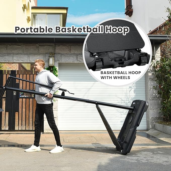 バスケットゴール 屋外 44&48インチ インパクトバックボード、高さ5.3-10フィート調節可能、持ち運び用車輪付き、大人向けバスケットボールゴールシステム