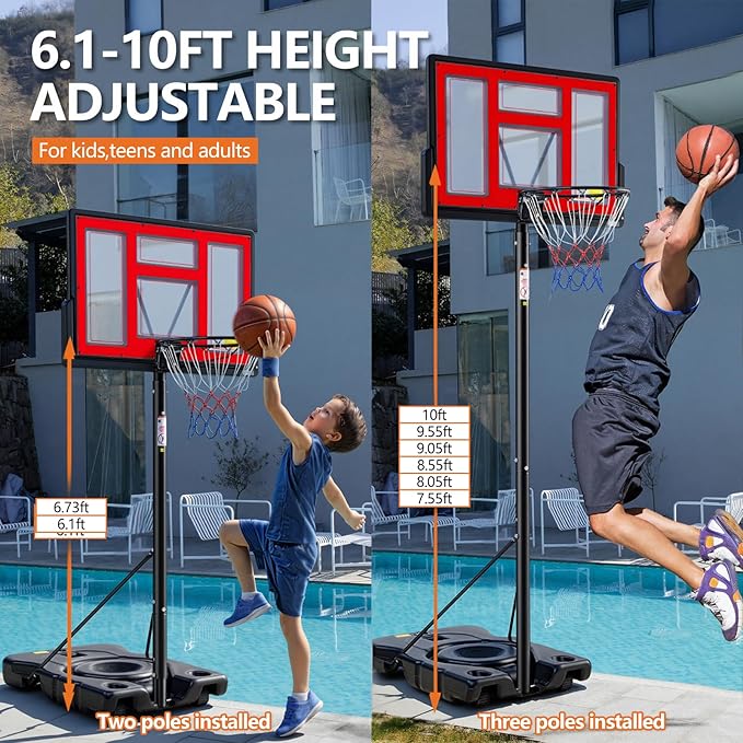 Sweetcrispy Portable Basketball Hoop Outdoor 6.1-10FT Adjustable Height, 44 Inch Shatterproof Backboard/Shock Absorbent Rim, Fillable Base, 2 Wheels for Backyard/Driveway