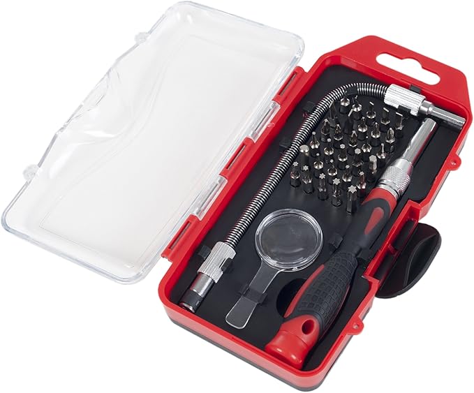 30-Piece Precision Screwdriver Set – Includes Removable Flexible Shaft, Magnifying Glass, 30 Bits, and Plastic Case – Home Tool Kit by Stalwart