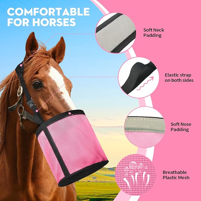 Horse Feed Bag for Grain, Breathable Mesh Feed Bags for Horses, Muzzle Feedbag for Feeding Grain, Anti-Spill Design Feeder, Soft Neck Pad Nose Pad, Universal Fit(1 Pack Pink)