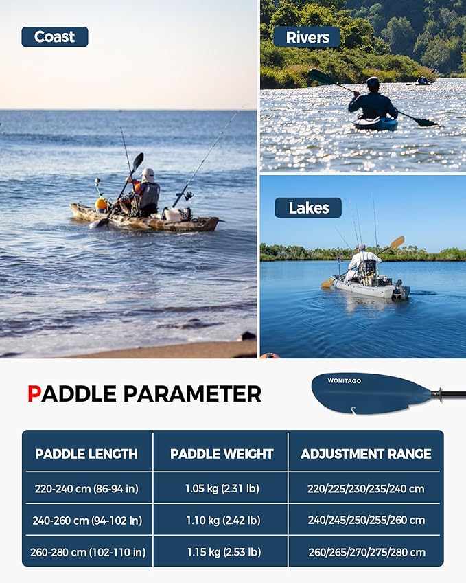 Angler Kayak Paddle with Fiberglass Shaft and Plastic Blade, Adjustable Fihsing Kayak Oar, 86-94" (220-240 cm), 94-102" (240-260 cm), 102-110" (260-280 cm)