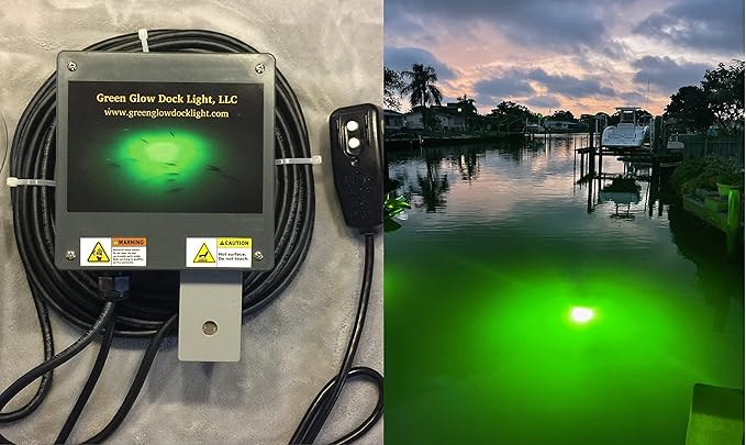 Saltwater Approved Barnacle Burner Underwater Fish Light, 250 Watt Extreme Brilliant Green 21,000 Lumens Single Dock Light 50' Marine Grade Lamp Cable, Automatic Dusk to Dawn, Easy Self Installation.