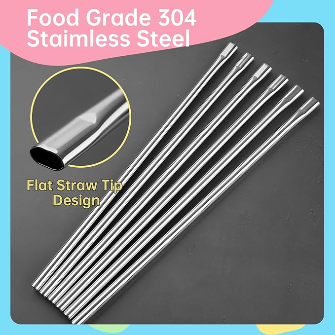 NiHome 6PCS 12" Anti-Wrinkle Flat Tip Reusable Stainless Steel Straws for Stanley 30oz 40oz Tumblers, Wrinkle Free Metal Drinking Straws Lip-Friendly for Iced Coffee, Water (Silver, 6 Straight)
