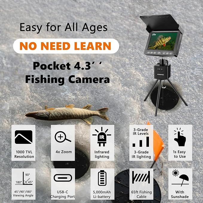[FishPRO® 2026 Upgrade] The PRO in Underwater Fishing Camera -4.3'' Ice Fishing Camera Underwater(NO Need Learn), 1000TVL, Ice Fish Gift for Men, Ice Fish Finder for Boat Fish w/IR/USB-C/5,000mAh/65ft